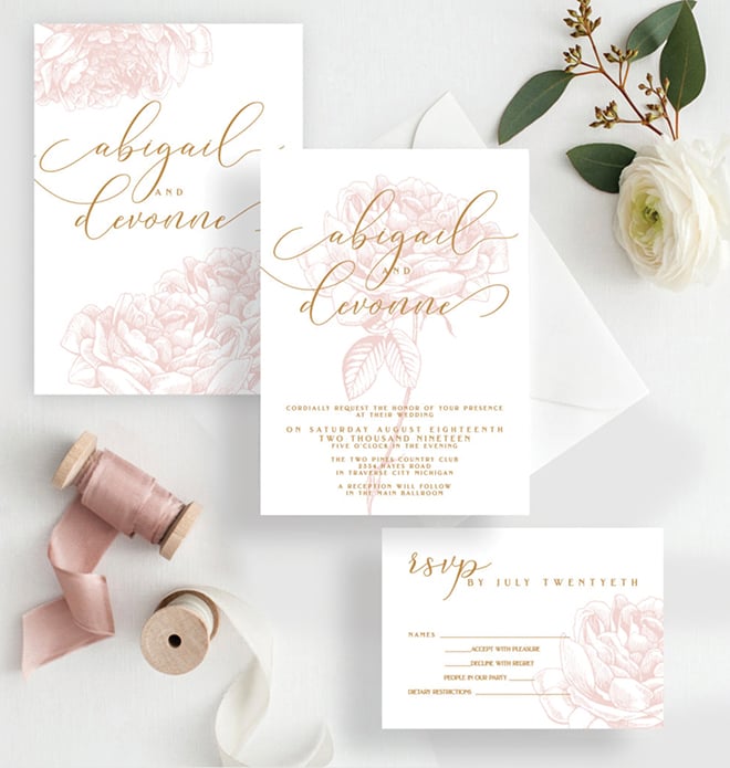 custom wedding invitations white blush and gold print wedding invitation suite