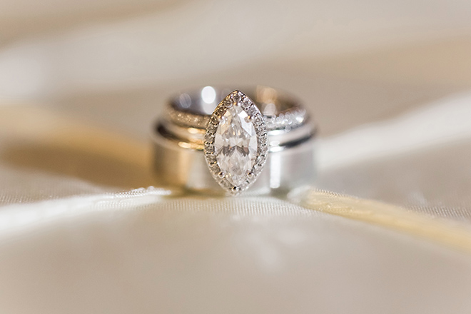 vintage haute flowers wedding, blush and ivory, marquise-cut diamond ring, wedding bands, wedding photography