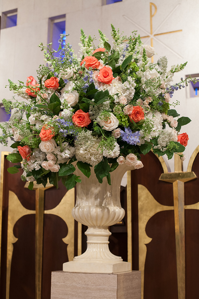 astorian spring wedding, wedding ceremony decor, coral and blue flower arrangement, church wedding ceremony