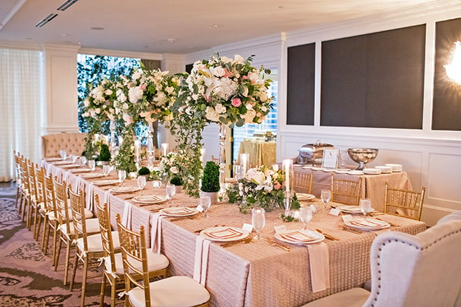 california texas wedding, wedding reception decor, table setting, floral centerpieces, rosegold and ivory, gold chiavari chairs