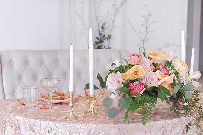 royal wedding inspired shoot, chateau cocomar, jessica frey photography, spring florals, regal wedding decor, blush and gold table setting, blush, coral, and pink floral centerpiece