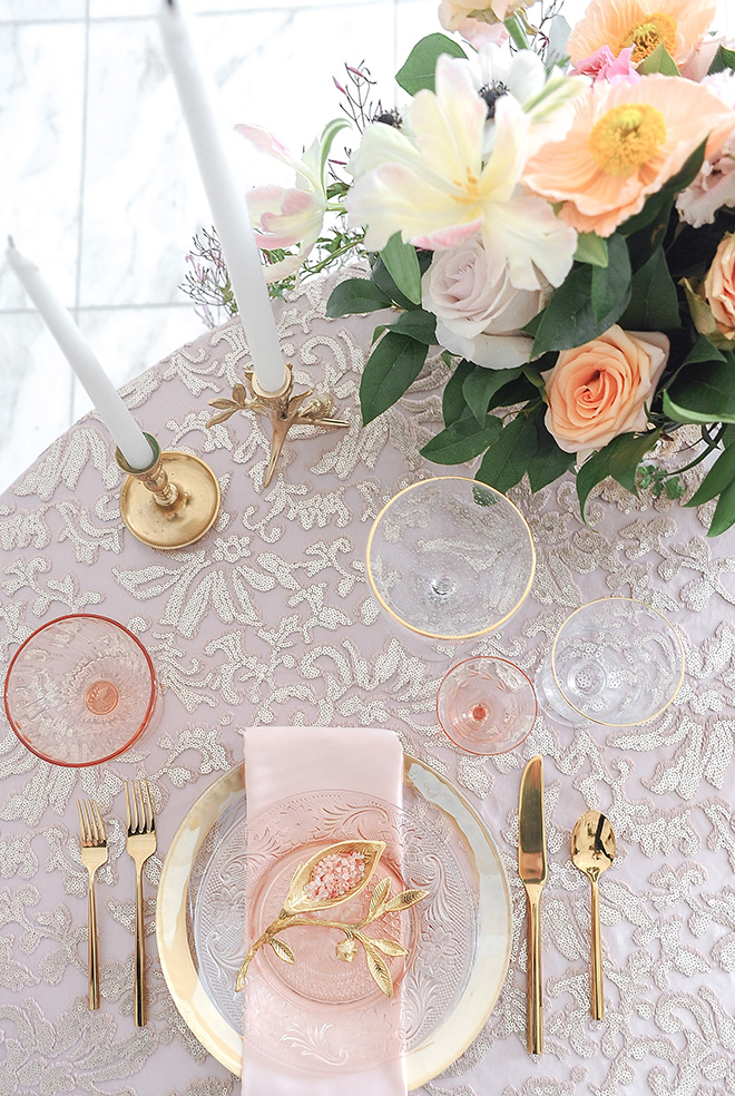 royal wedding inspired shoot, chateau cocomar, jessica frey photography, spring florals, regal wedding decor, blush and gold table setting