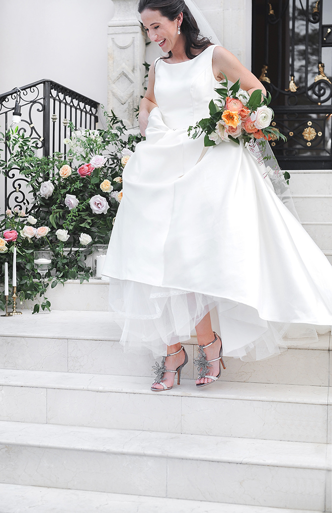 royal wedding inspired shoot, chateau cocomar, jessica frey photography, spring florals, regal wedding decor, white wedding ball gown, silver wedding heels