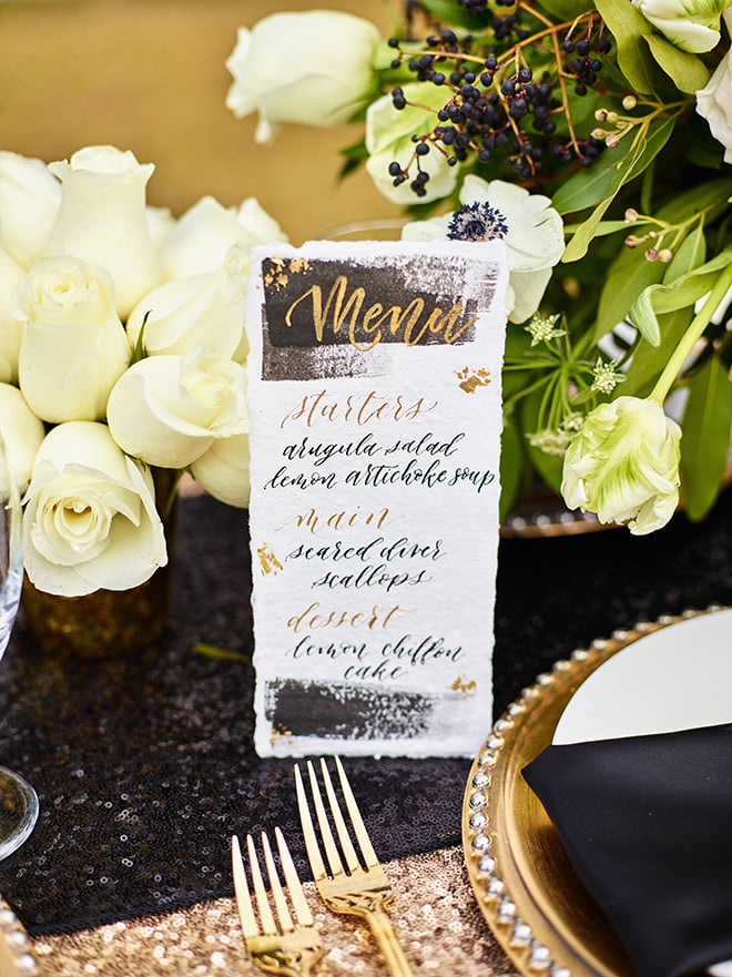 ivory and gold styled shoot, events de luxe, civic photos, sandlewood manor, plantation wedding, black accents, timeless wedding decor, calligraphy