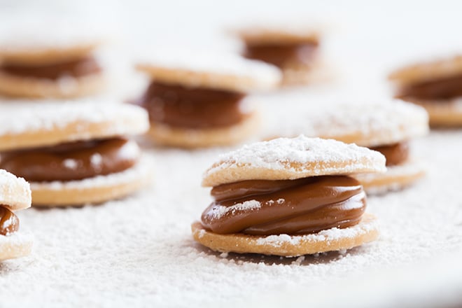 Mini dulce de leche cookie dessert alfajores by Churrasco's - Cordua Catering 