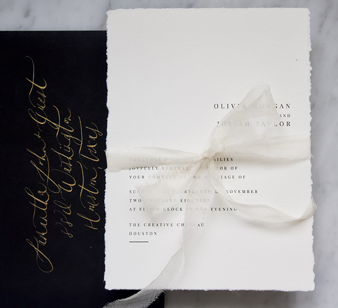 Memory Lane Paperie black white wedding invitation gold calligraphy silk ribbon