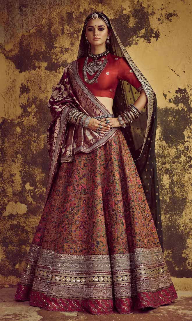 red gold pashmina lehenga sabyasachi 2020 indian wedding style