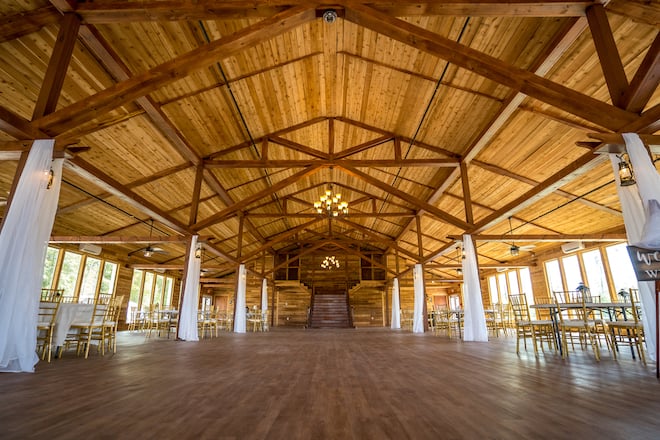 rustic wedding venue, elegant, indoor reception space, natural light, windows