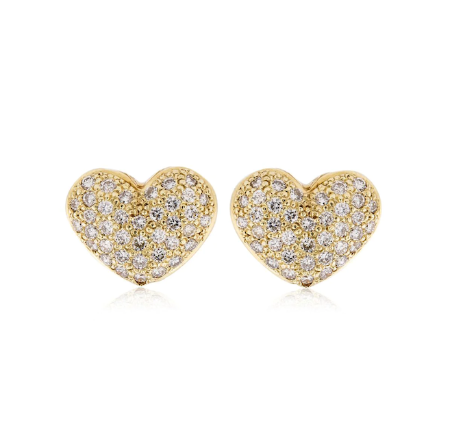Gold heart studs with diamonds for Valentine's day outfit.