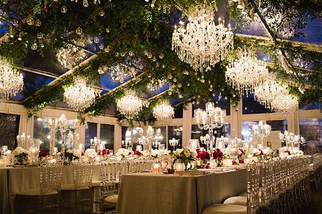 astros ryan pressly new year's eve wedding reception tent greenery chandeliers