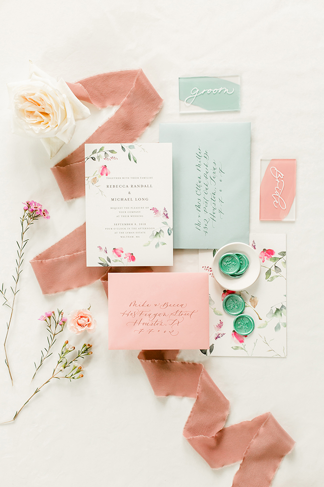 light blue, pink, aqua, invitations, envelopes, flatlay, calligraphy, floral stationery