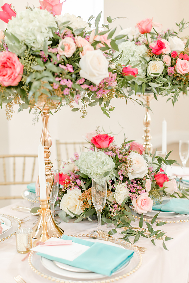 pink and green centerpieces, vintage themed styled shoot