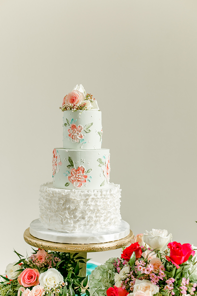 common bond, wedding cake, floral cake, three tiers, gold cake stand, vintage wedding