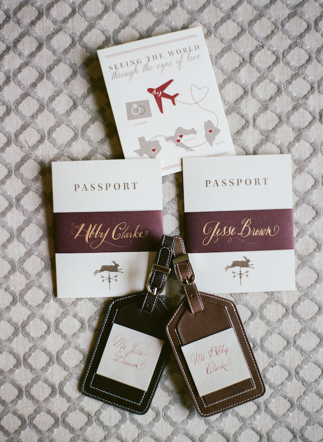 wedding, stationery, signage, leather, luggage, tag, passport, invitations, travel