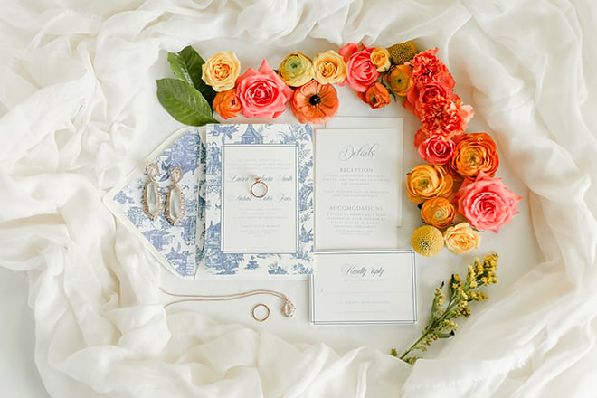 Chinoiserie themed, styled shoot, houston, wedding photography, amy maddox, photography, invitations, flatlay, bridal jewelry, orange, pink, red