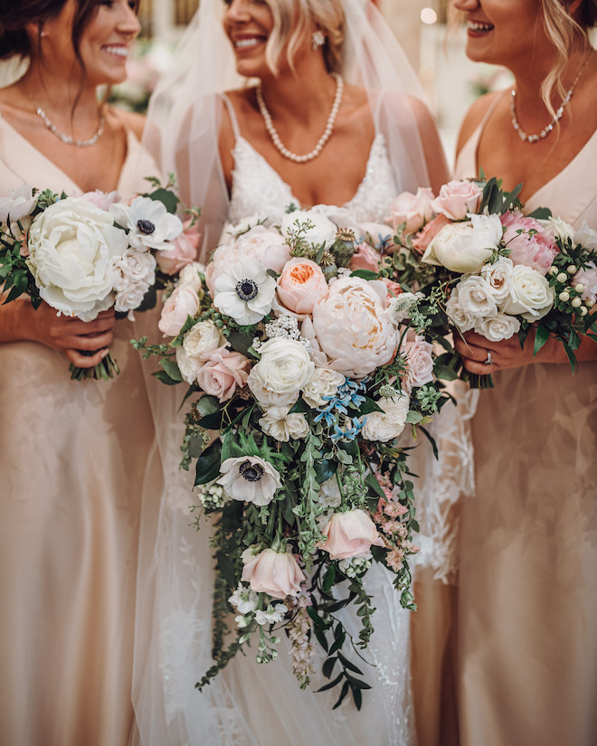 wedding bouquet, flowers, blush, green, blue, white
