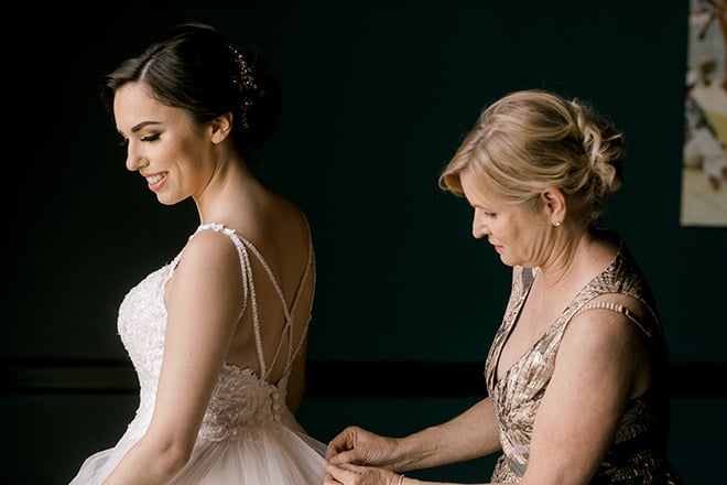 getting ready, mother of the bride, bride, wedding dress