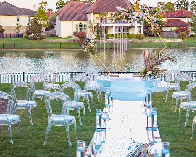 ceremony, outdoor, mirror, hexagon, gold, arch, geometric, ghost chairs