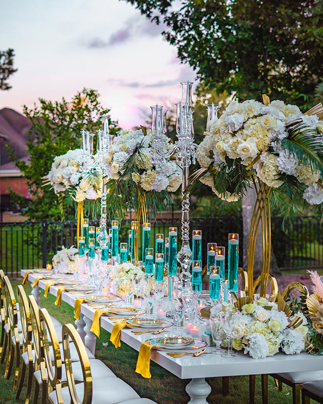 glam, outdoor wedding, reception table, candles, white flowers, backyard wedding, royal luxury events