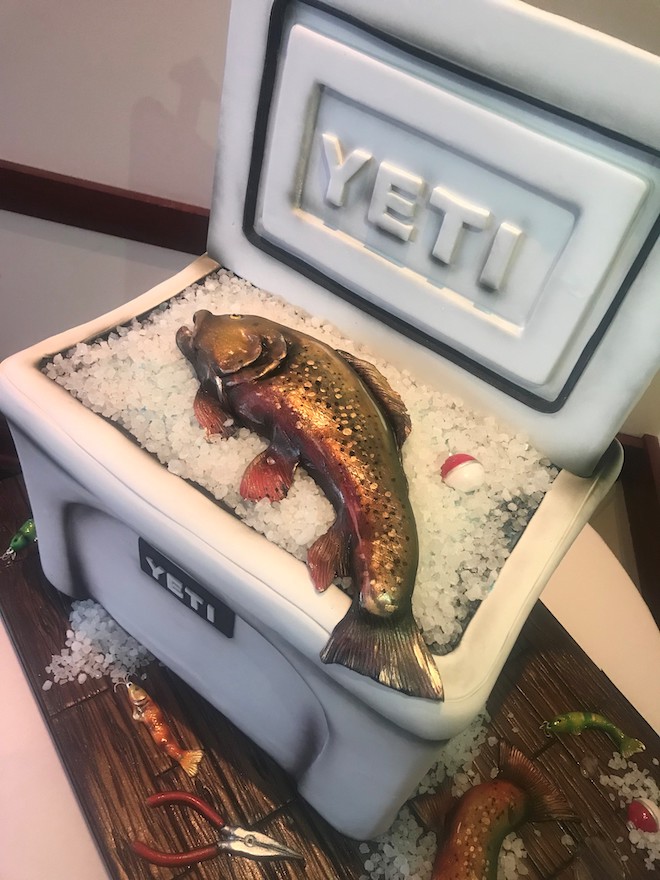 sculpted cakes, groom's cake, fishing, yeti cooler, unique, common bond cakes