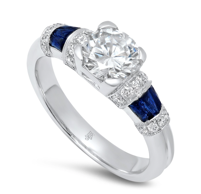 diamond engagement ring, vintage, white gold, blue sapphire