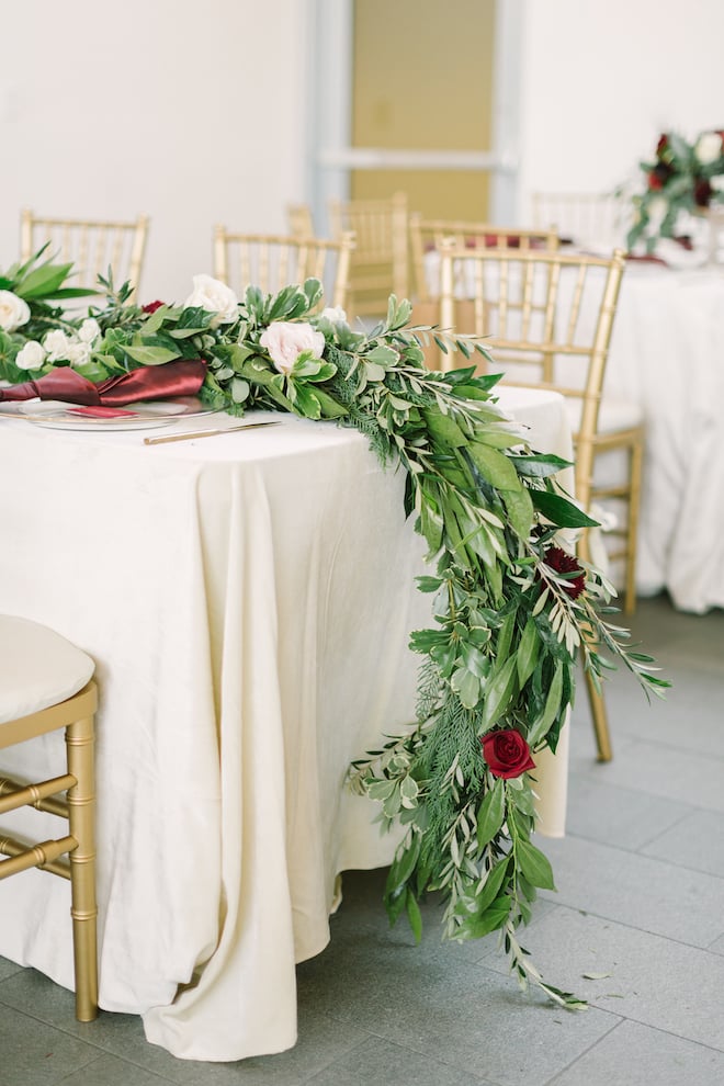 greenery garland, reception decor, eb inc, linens, table setting, kate elizabeth photography