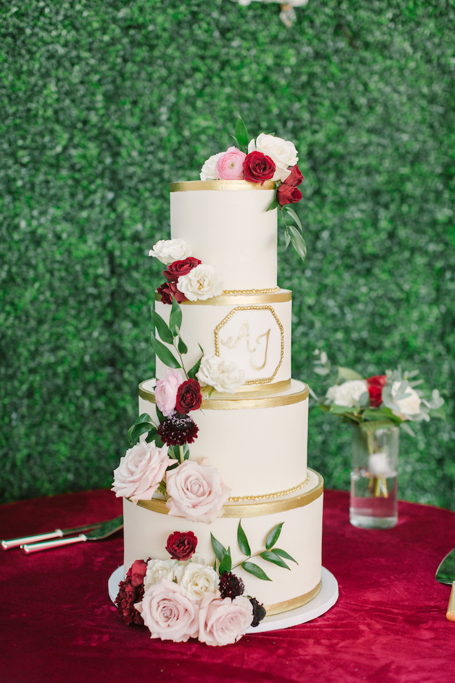 wedding cake, white, gold, flowers, classic, greenery wall