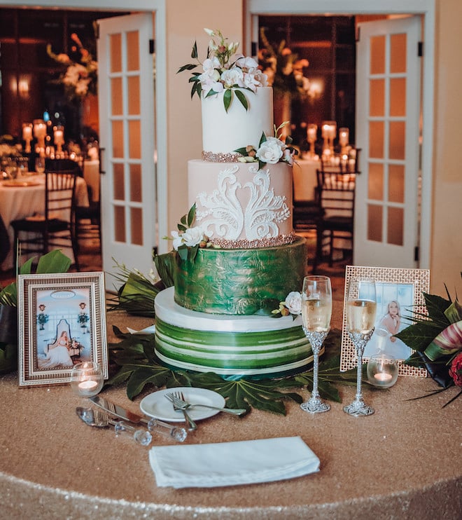 luxury wedding cake, tropical theme, green, blush, white