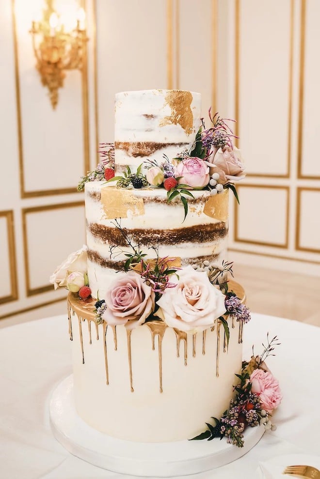 naked cake, floral, gold, white, chic, boho, rustic, modern, common bond cakes