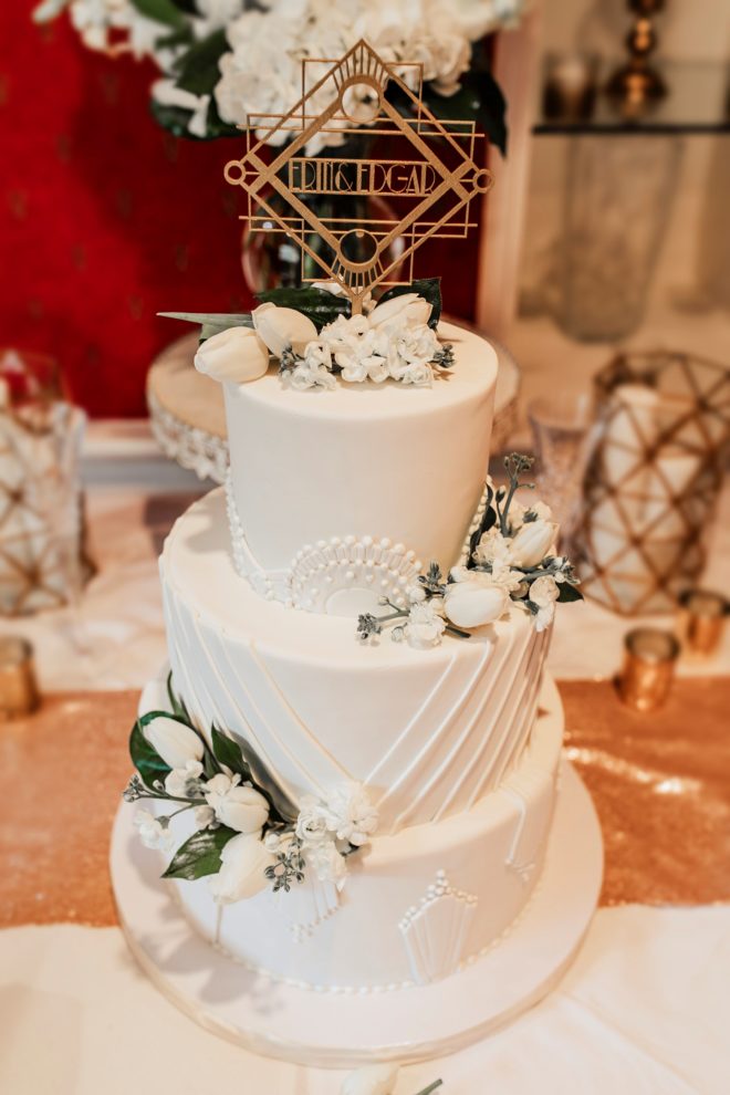 luxury wedding cake, art deco, floral, white tulips, flowers, cake topper, unique, common bond cakes