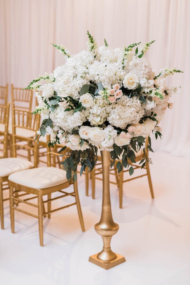 ceremony decor, white, gold, tall, florals, dramatic, lush