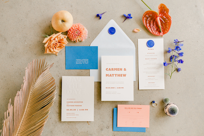 flatlay, wedding, invitations, stationery, orange, blue, pink, colorful, wedding photography, amy maddox photography