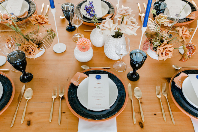 place setting, table setting, wedding, tablescape, terra cotta, styled shoot, your butler's pantry, houston, rentals, decor, gold flatware, vintage, goblets, blue