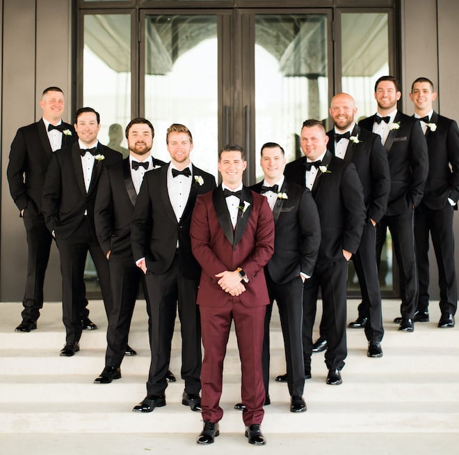 groomsmen, stylish, trendy, suit, black, burgundy, bowties, attire, groom