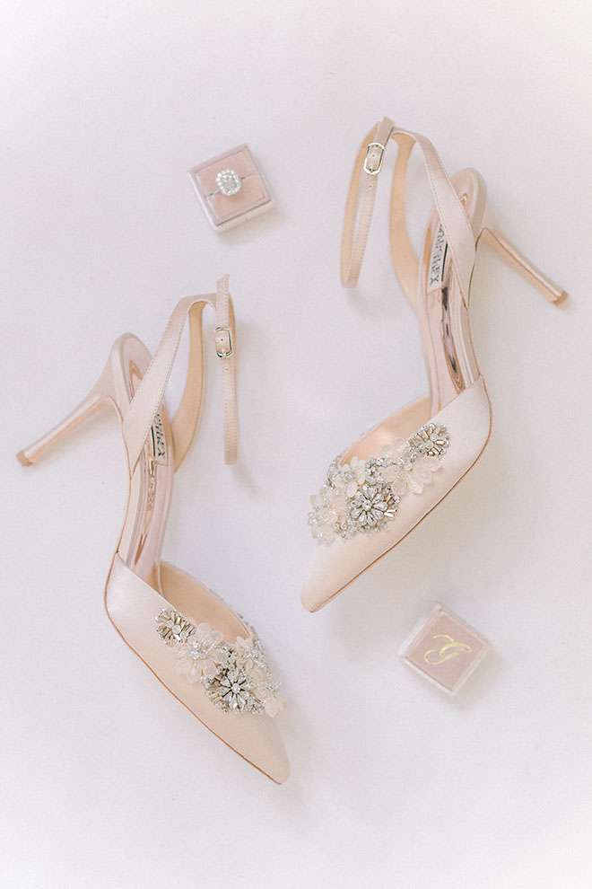 bridal shoes, flatlay, wedding ring, engagement ring, blush, bride, wedding photography, anna kay photography