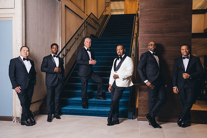 groom, groomsmen, tux, bow tie, white suit