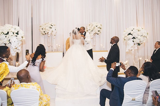ceremony decor, wedding venue, bride, groom, nigerian, real wedding, gold, white, ivory, bayou city events center