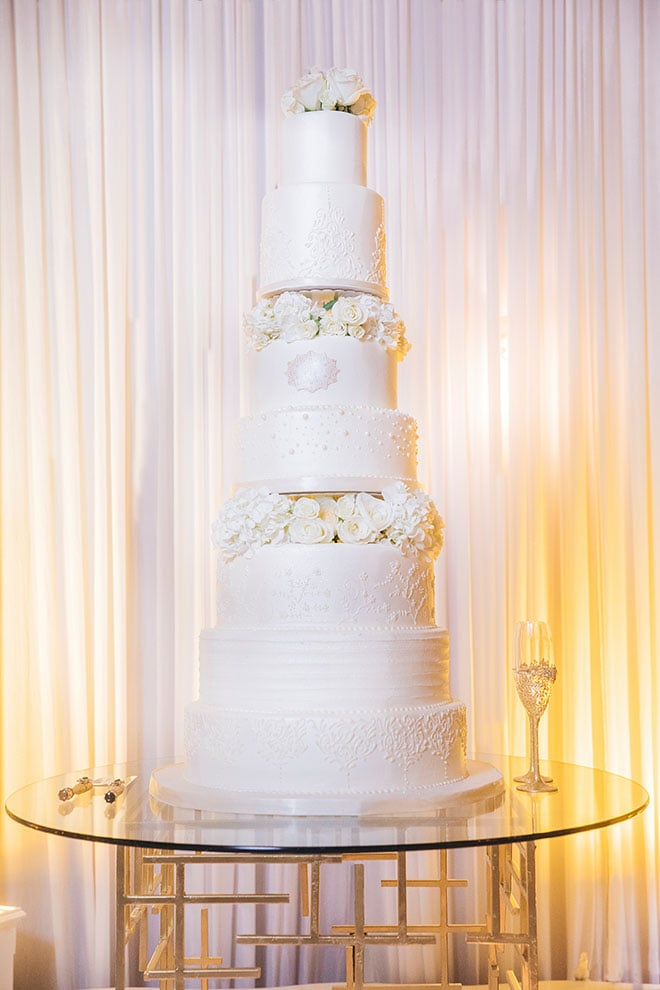wedding cake, 7 tier, white, white roses, classic, timeless, luxury