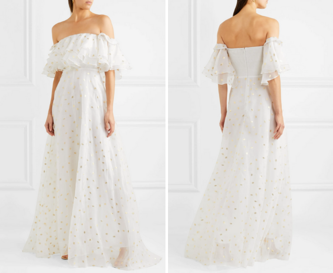 rehearsal dinner dresses, white, gold, long, off the shoulder, maxi