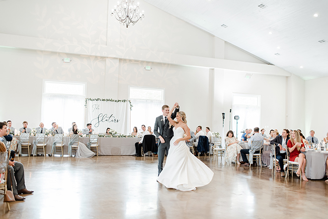 first dance, indoor reception, ballroom, amy maddox photography, estates at pecan park, simple, white, green