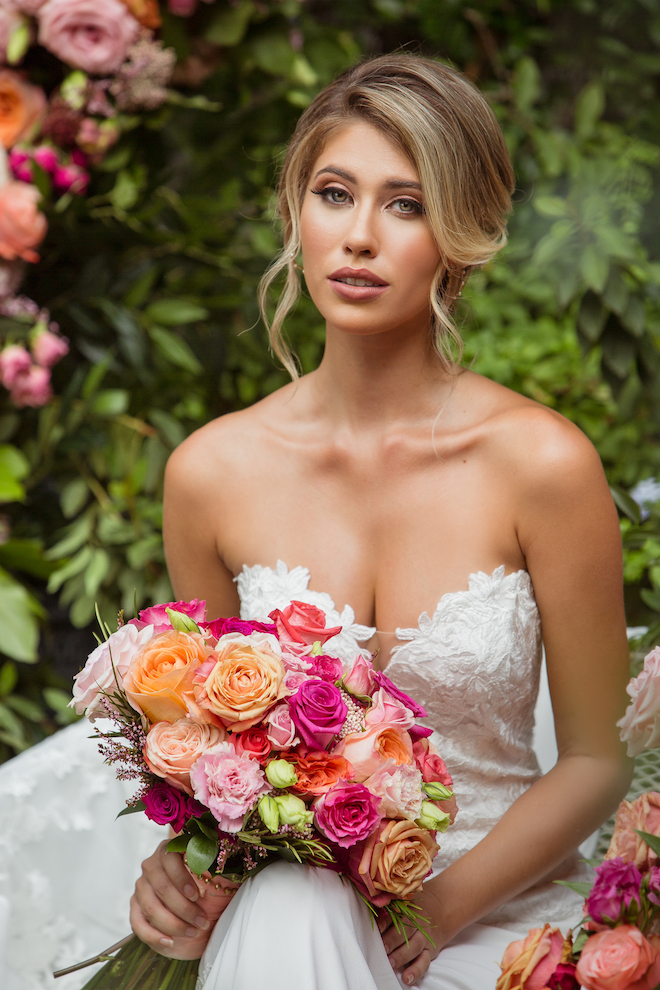 florals, flowers, bridal, wedding gown, hair, makeup, red, orange, pink