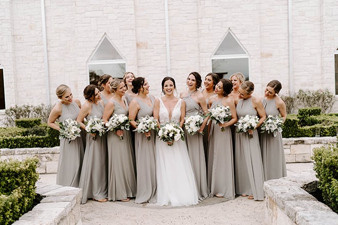 bridal party, bridesmaids, ivory, green, gray, bouquets, bride tribe,