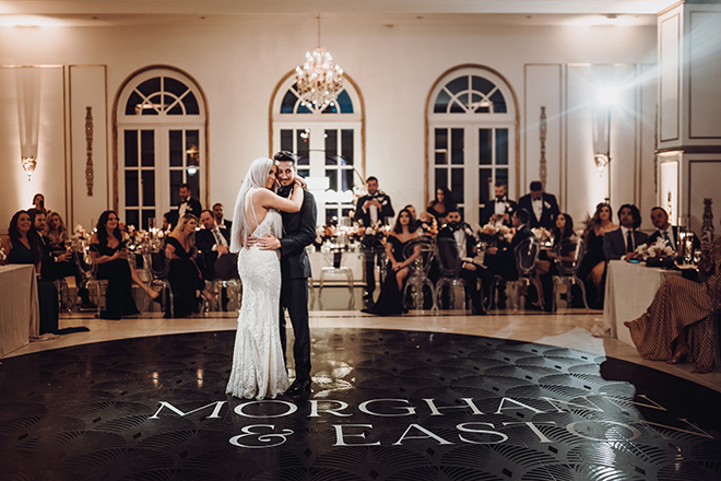 first dance, bride, groom, ama by aisha, black, dance floor, custom, bridal gown