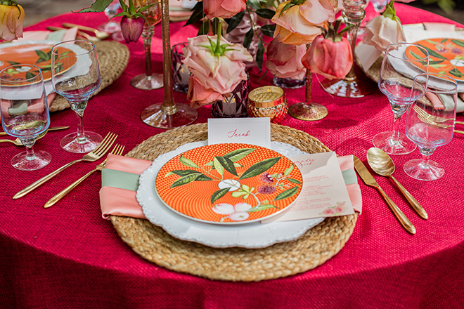 red, linens, gold, flatware, floral, dinnerware, orange, pink, centerpiece, table setting