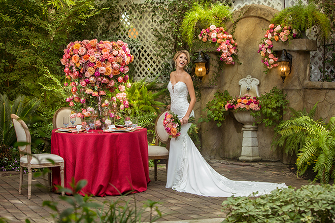 garden themed, styled shoot, wedding, vibrant, colorful, micro wedding, decor, reception, florals, flowers, venue, bridal, wedding gown, hair, makeup, red, orange, pink