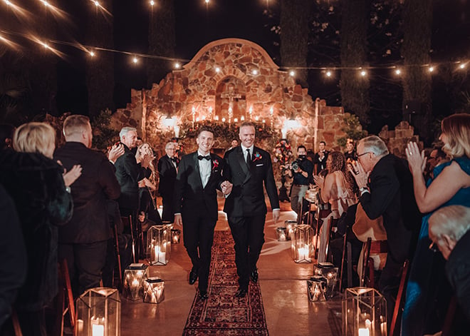 outdoor ceremony, twinkle lights, candes, carpet runner, madera estates, ama by aisha, same sex wedding, gay wedding, lgbt, real wedding