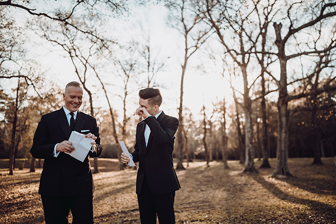 reading vows, wedding photography, wedding moments, groom, grooms, groom suit, black tie, black bowtie, madera estates, ama by aisha, same sex wedding, gay wedding, lgbt, real wedding