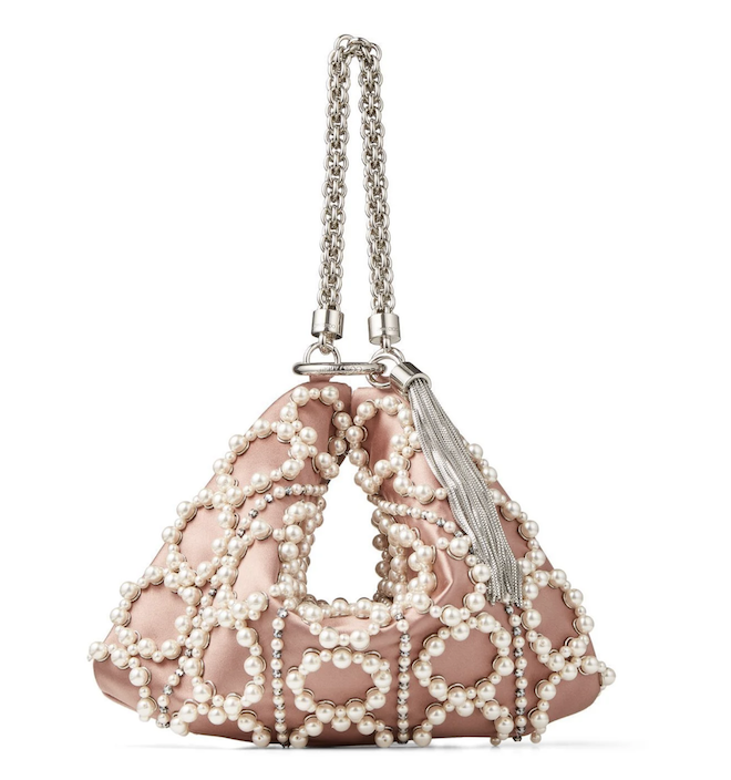 pearl bridal handbags, blush, pink, jimmy joo, callie, satin, clutch, wedding, elegant, luxury