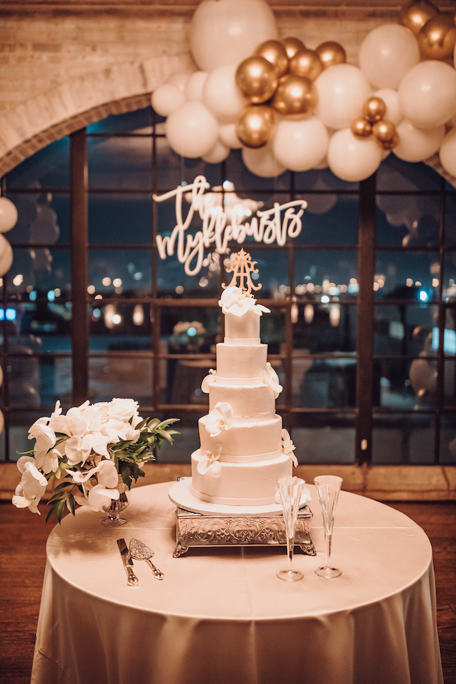 wedding cake, white, five tier, gold, orchids, wedding topper, monogram, elegant, classic, timeless