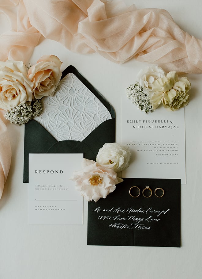 invitations, stationery, roses, blush, white, black, elegant, chic, floral, flatlay